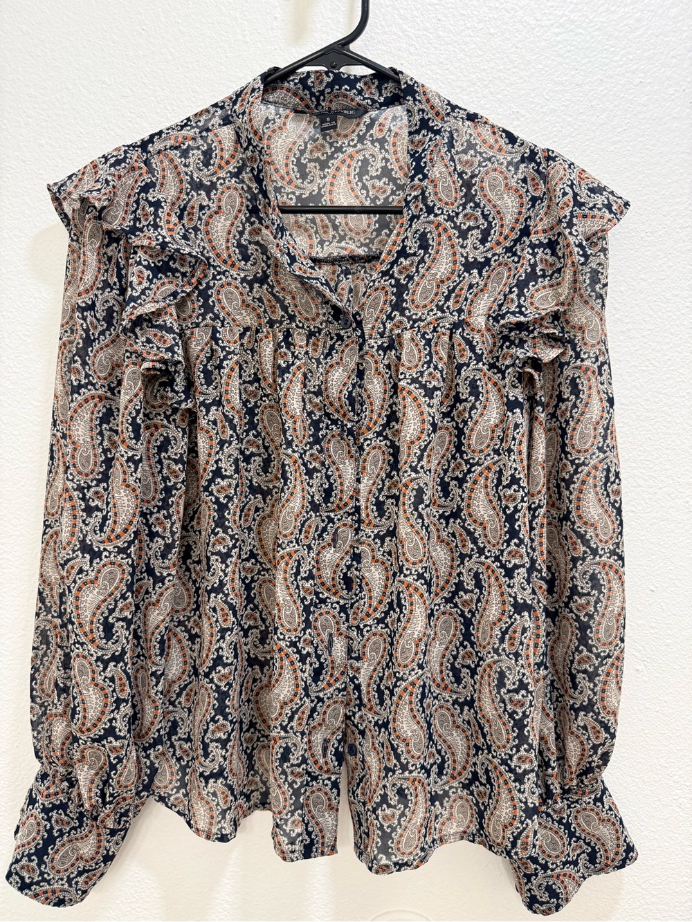 Elegant Boho Cottage-core Black and Rust Paisley Ruffle Blouse